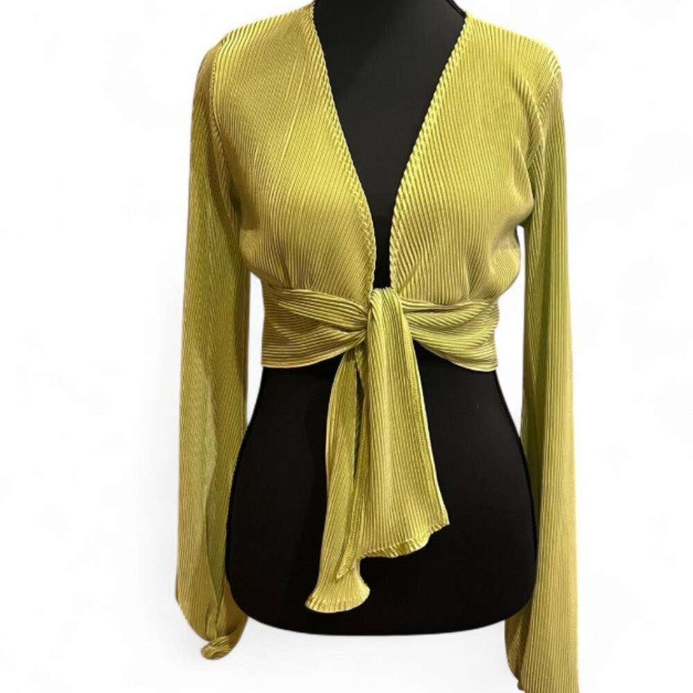 Windsor Lime Green Ribbed Tie Closure Cropped Blouse Size S